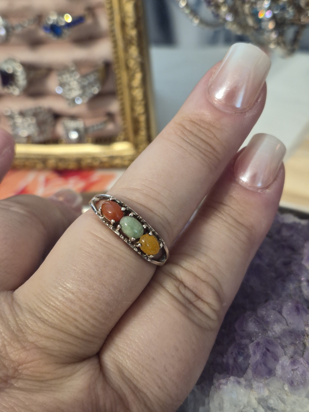 Vintage Size 11 Avon Sterling 925 Silver Multicolor Jade Ring B1029